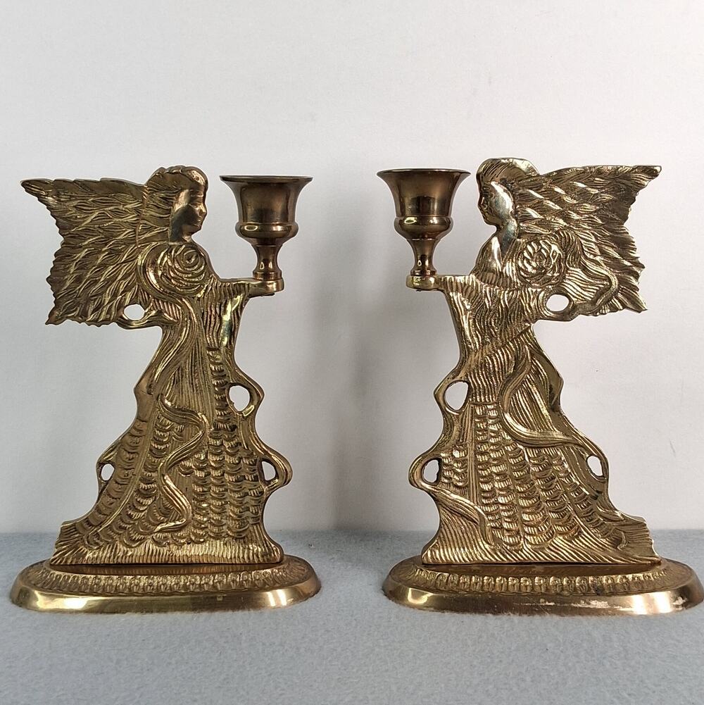 Pair of Vintage Brass 6 1/2" Angel Candlestick Holders Detailed Wings & Dress